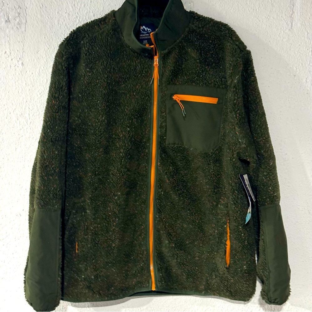 Mountain And Isles Men’s Green Orange Outdoors Full Zip Sherpa Jacket Large NWT